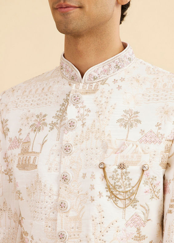 Manyavar Men Lavish Cream Art Silk Sherwani