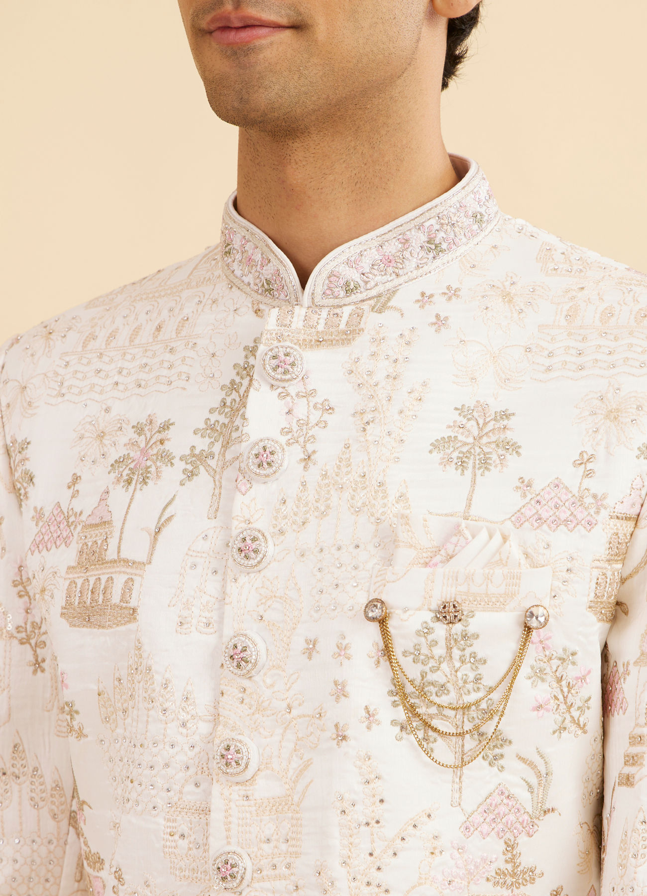 Manyavar Men Lavish Cream Art Silk Sherwani