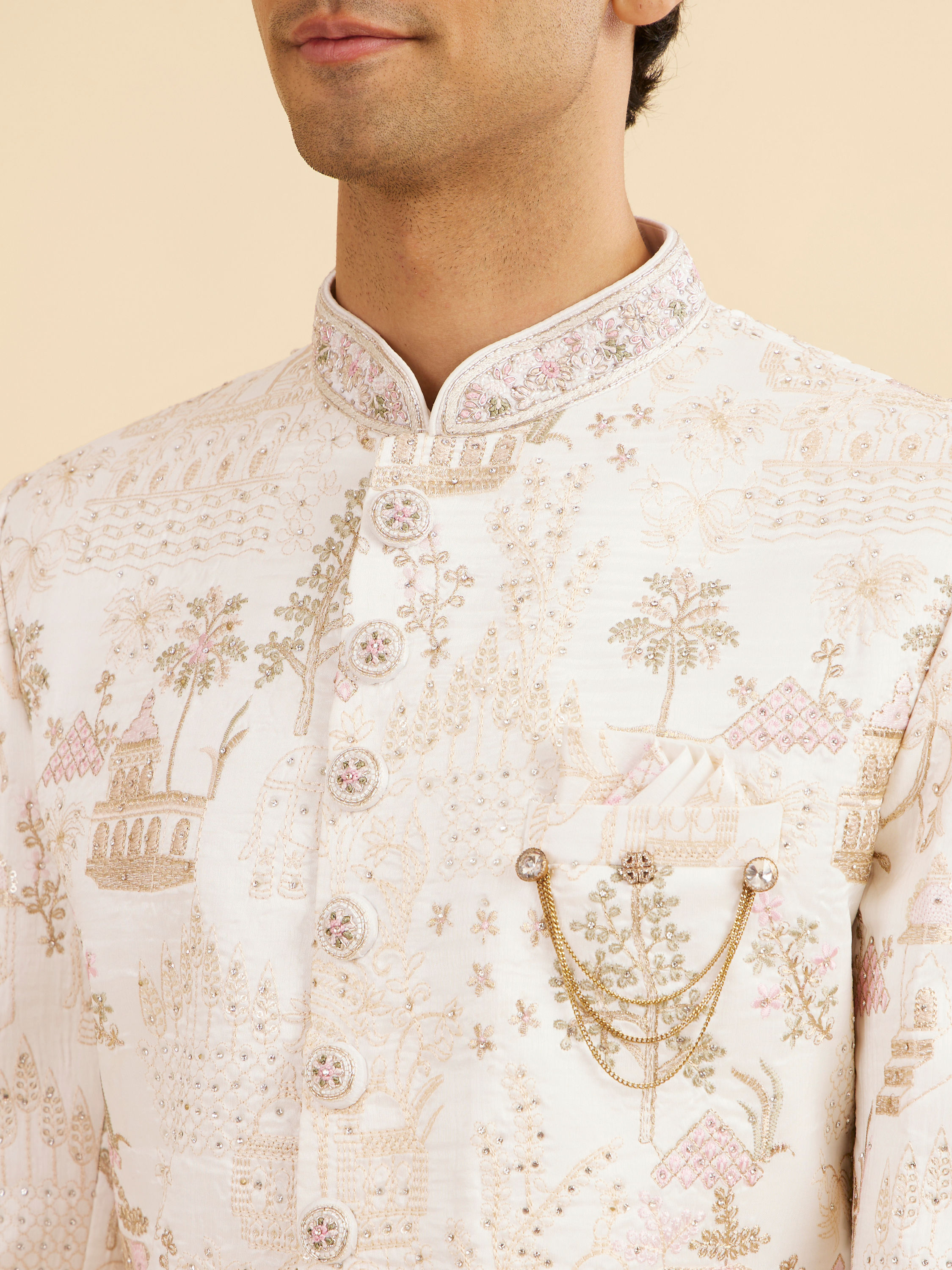 Manyavar Men Lavish Cream Art Silk Sherwani