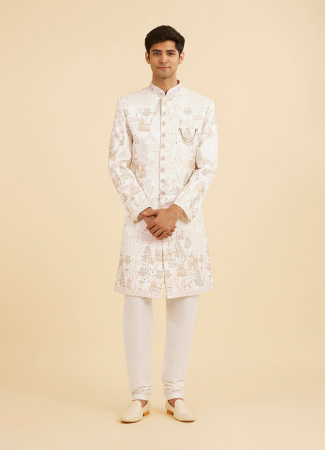 Manyavar Men Lavish Cream Art Silk Sherwani