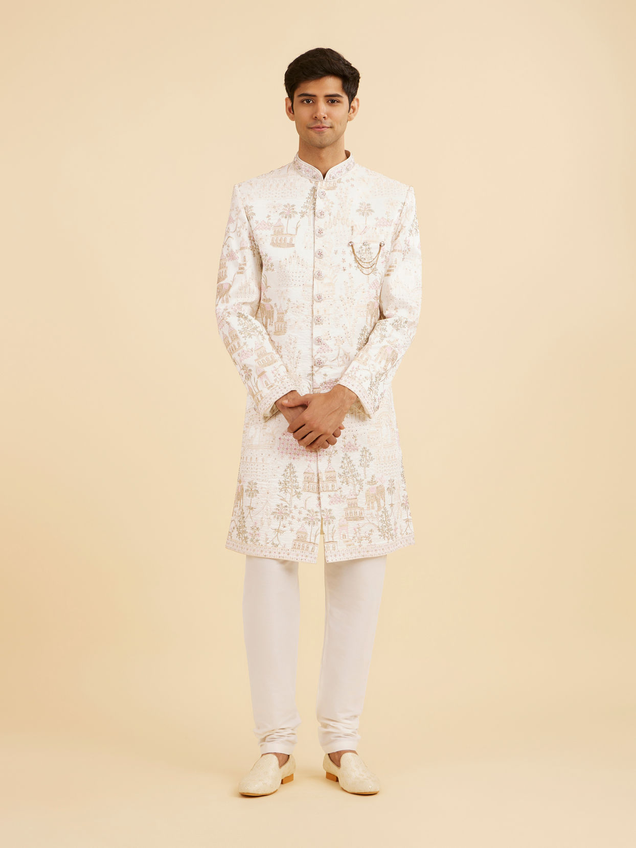 Manyavar Men Lavish Cream Art Silk Sherwani