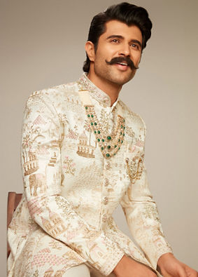 Manyavar Men Vijay's Cream Sherwani with Heritage Motif Embroidery