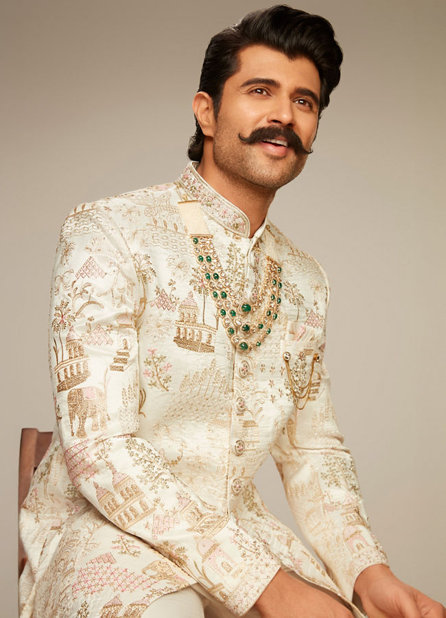 Manyavar Men Vijay's Cream Sherwani with Heritage Motif Embroidery