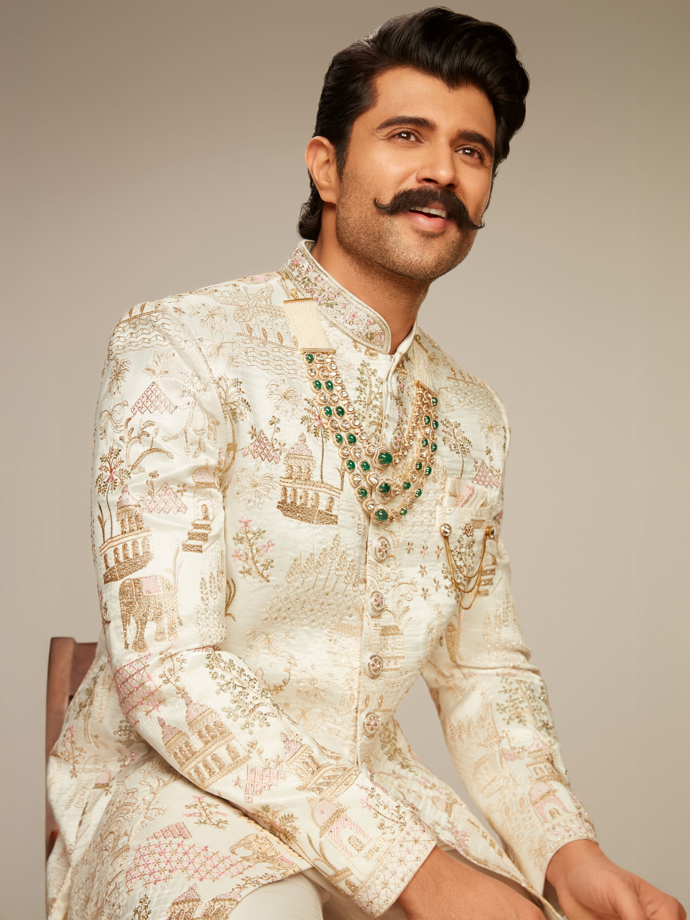 Manyavar Men Lavish Cream Art Silk Sherwani