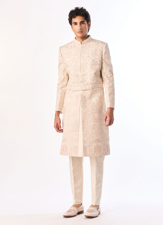 Manyavar Men Beige Silk Sherwani with Embroidery