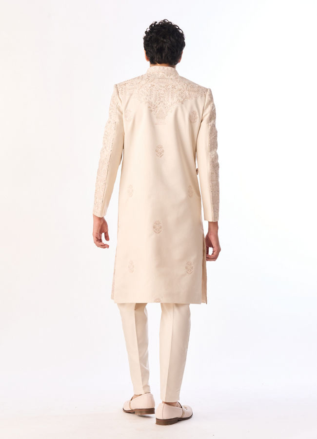 Manyavar Men Beige Silk Sherwani with Embroidery