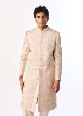 Manyavar Men Beige Silk Sherwani with Embroidery