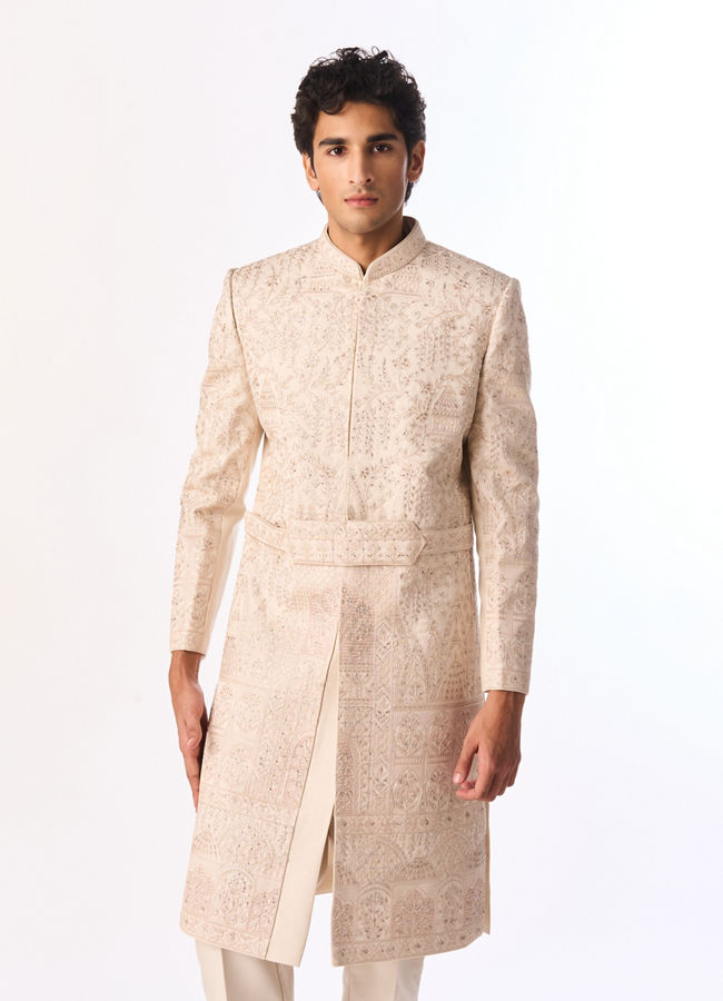 Manyavar Men Beige Silk Sherwani with Embroidery
