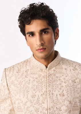 Manyavar Men Beige Silk Sherwani with Embroidery