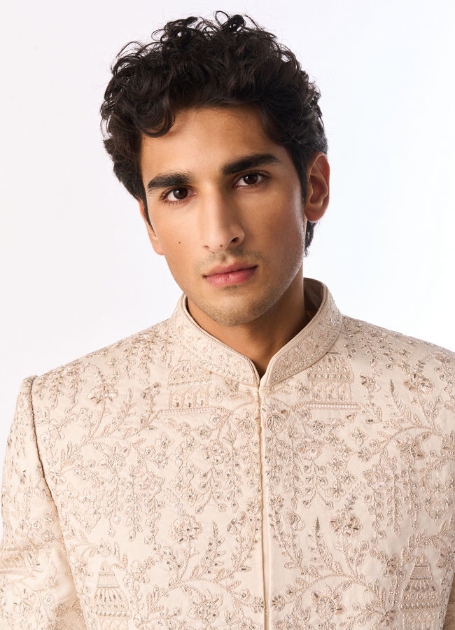 Manyavar Men Beige Silk Sherwani with Embroidery
