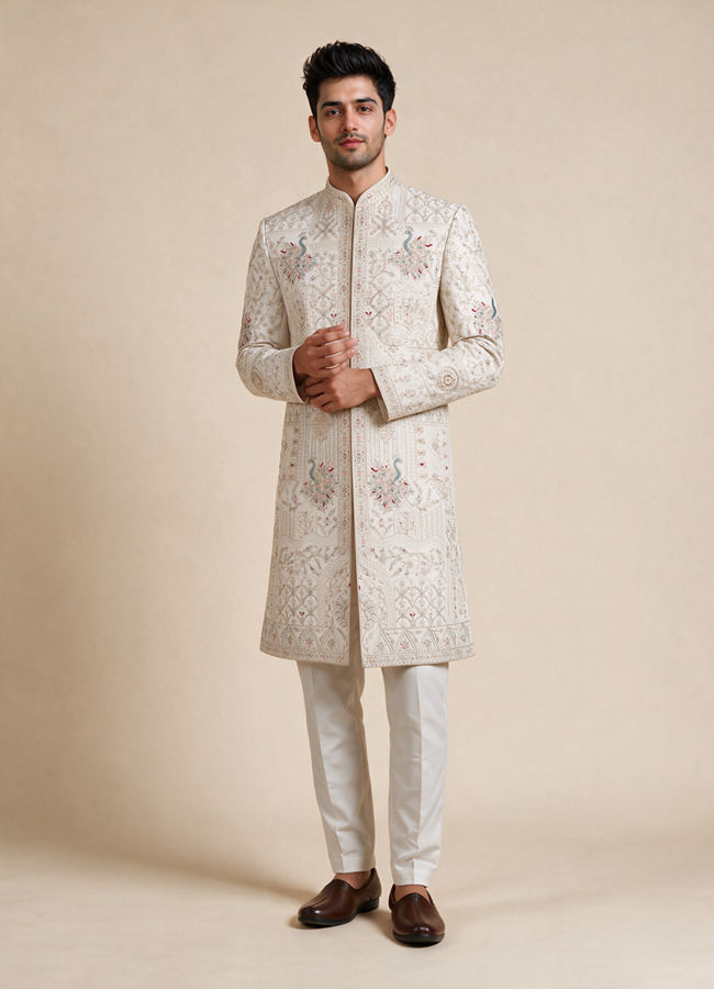 Manyavar Men Champagne Silk Sherwani with Embroidery