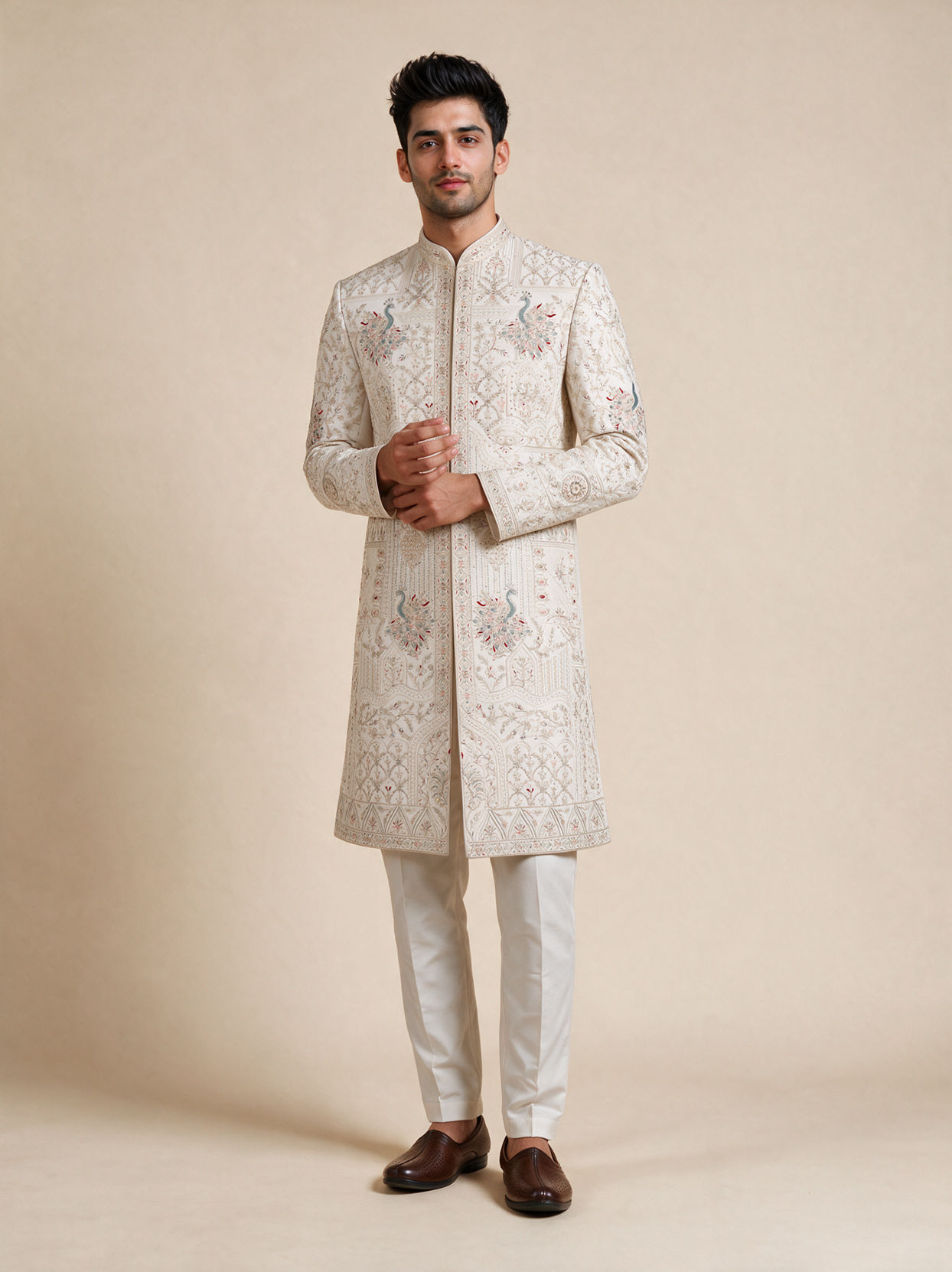Manyavar Men Champagne Silk Sherwani with Embroidery