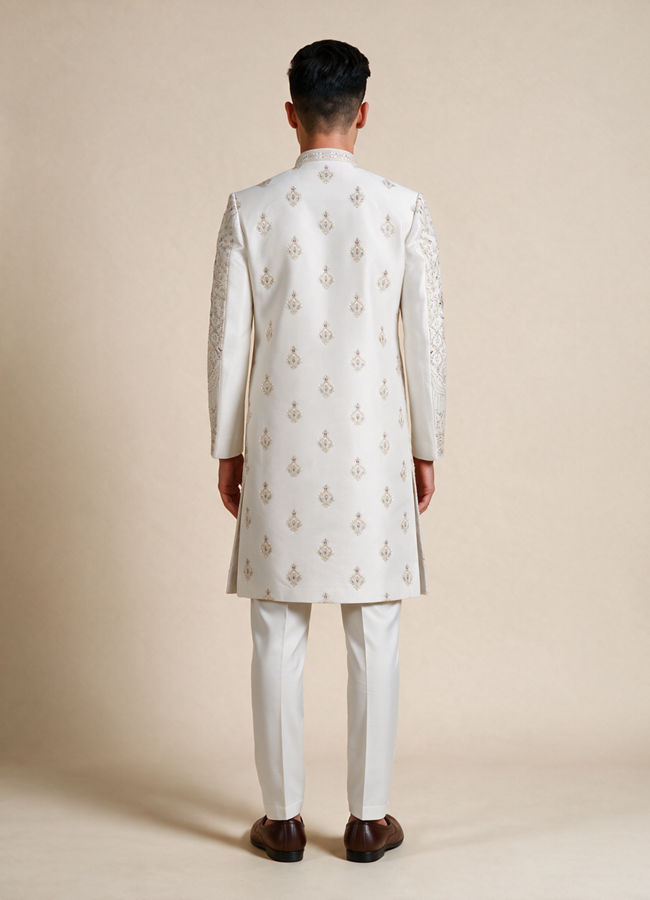 Manyavar Men Champagne Silk Sherwani with Embroidery