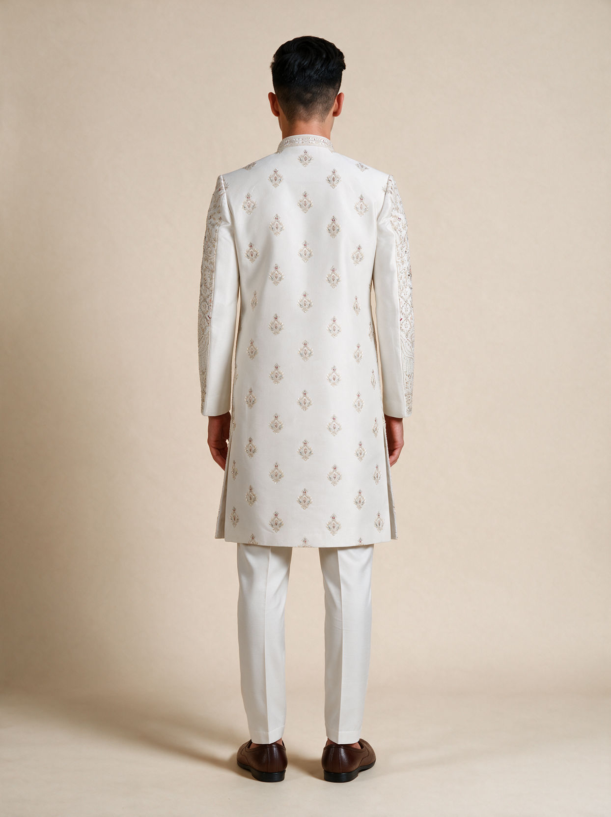 Manyavar Men Champagne Silk Sherwani with Embroidery