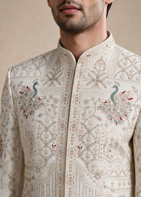 Manyavar Men Champagne Silk Sherwani with Embroidery