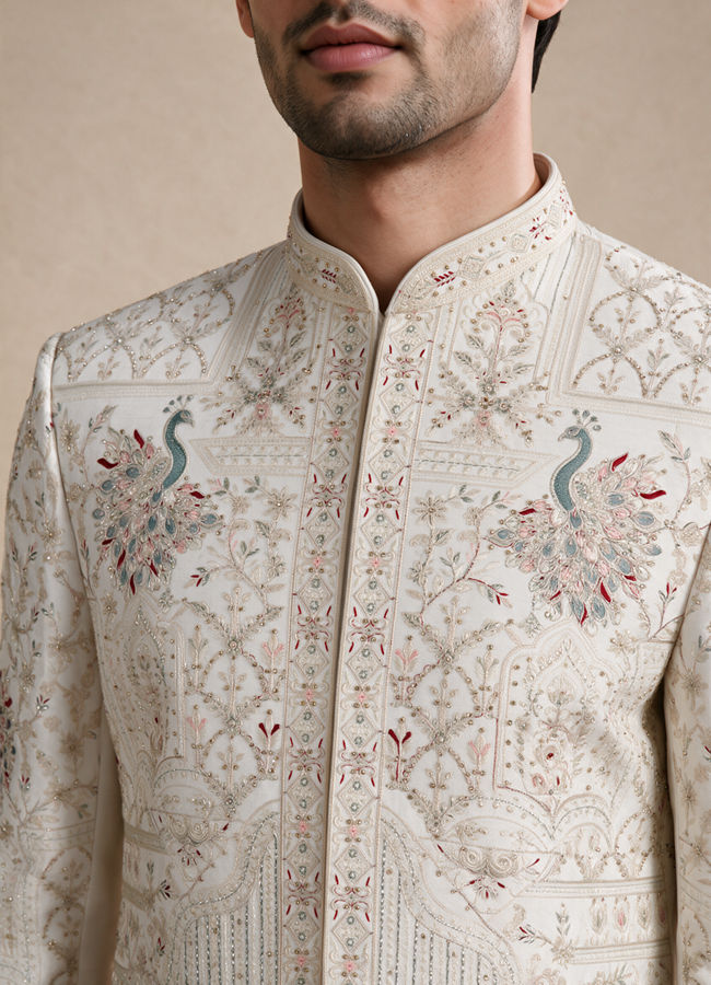 Manyavar Men Champagne Silk Sherwani with Embroidery
