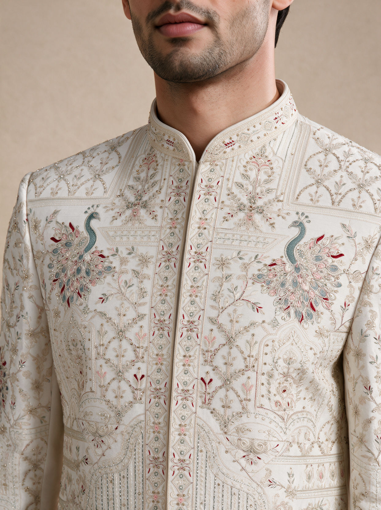 Manyavar Men Champagne Silk Sherwani with Embroidery
