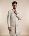 Manyavar Men Champagne Silk Sherwani with Embroidery