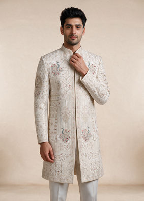Manyavar Men Champagne Silk Sherwani with Embroidery