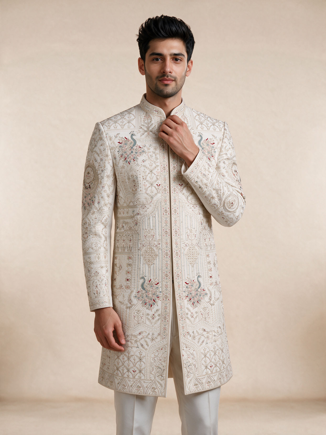 Manyavar Men Champagne Silk Sherwani with Embroidery