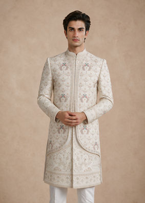 Manyavar Men White Satin Sherwani with Embroidery