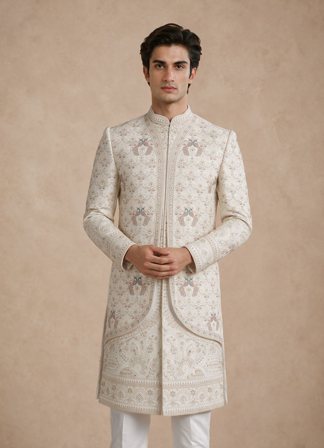 Manyavar Men White Satin Sherwani with Embroidery