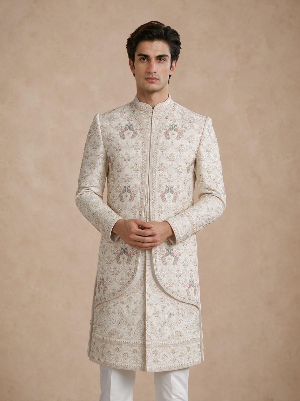 Manyavar Men White Satin Sherwani with Embroidery