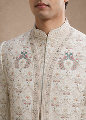 Manyavar Men White Satin Sherwani with Embroidery