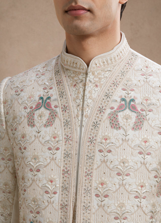 Manyavar Men White Satin Sherwani with Embroidery