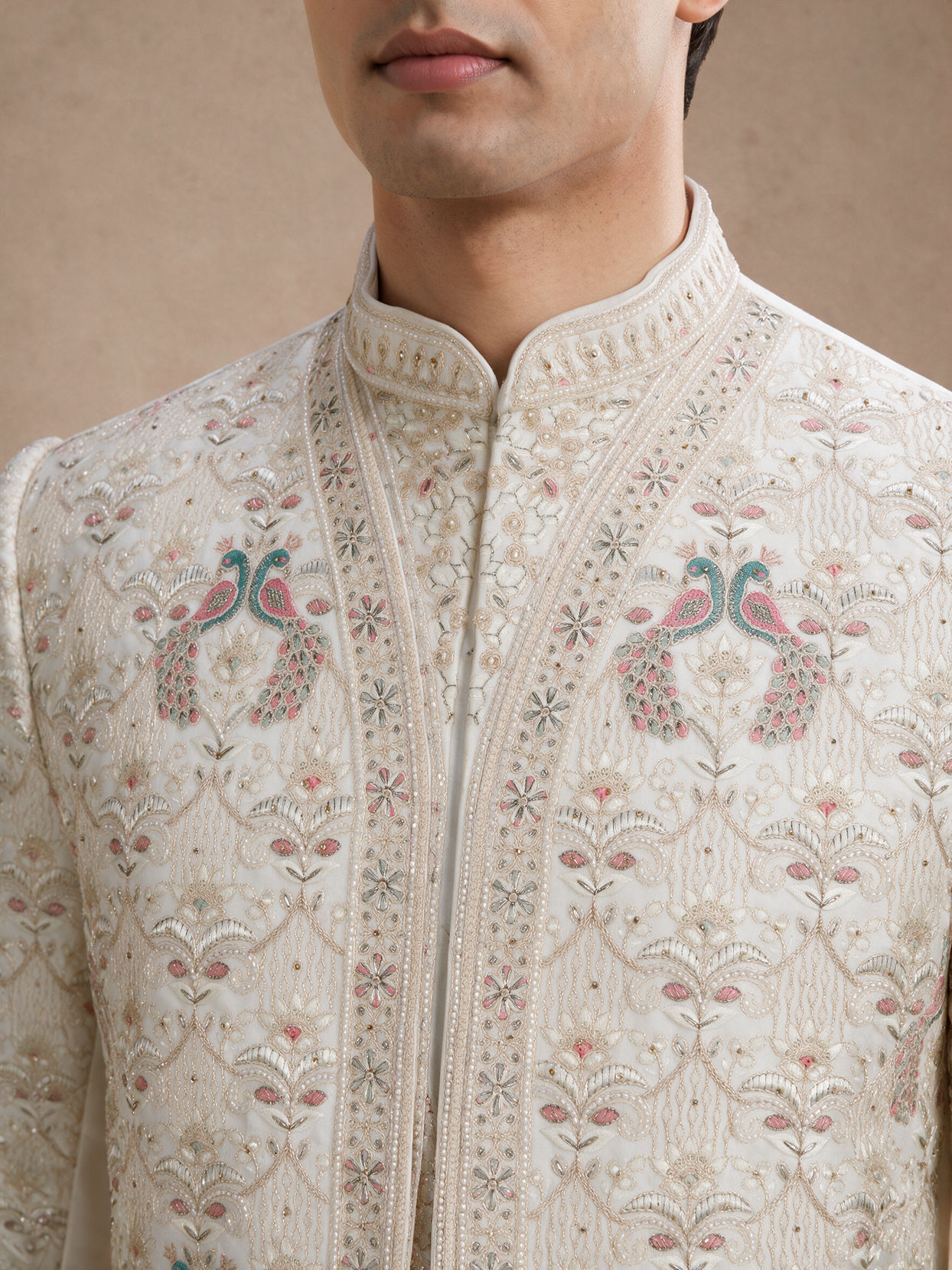 Manyavar Men White Satin Sherwani with Embroidery