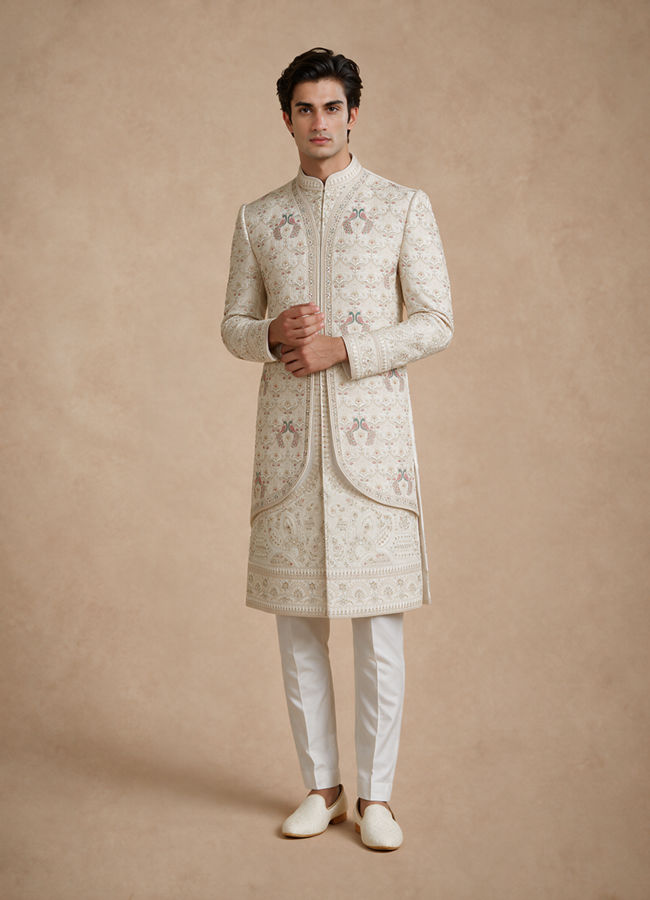 Manyavar Men White Satin Sherwani with Embroidery