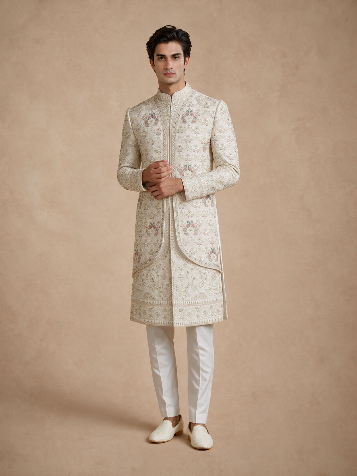 Manyavar Men White Satin Sherwani with Embroidery