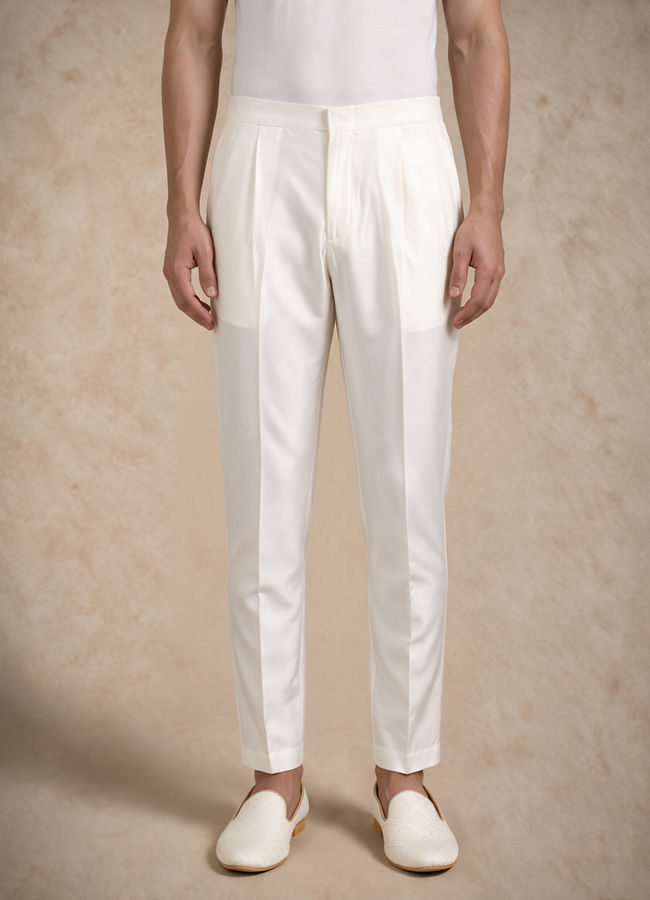 Manyavar Men White Satin Sherwani with Embroidery