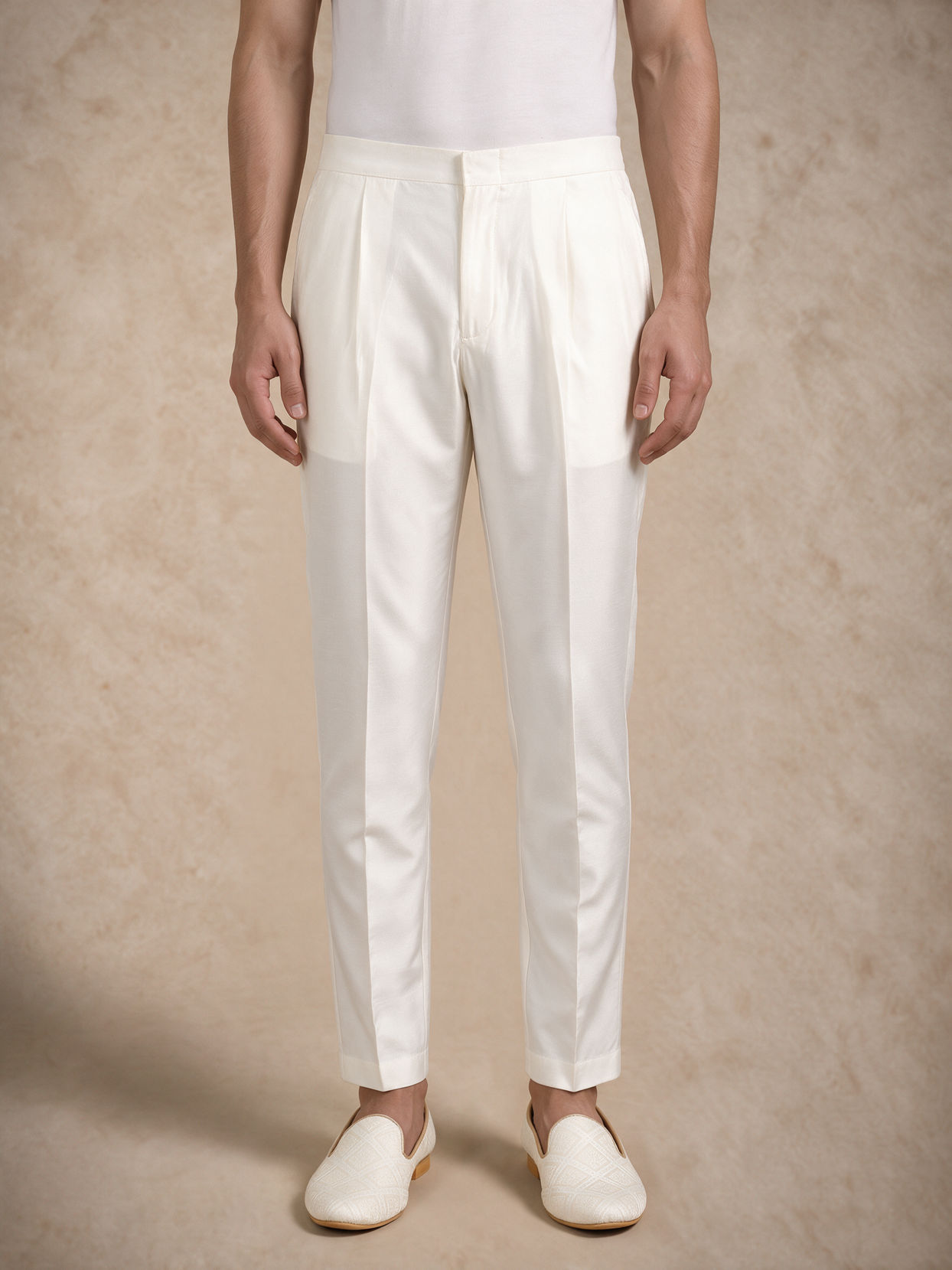 Manyavar Men White Satin Sherwani with Embroidery