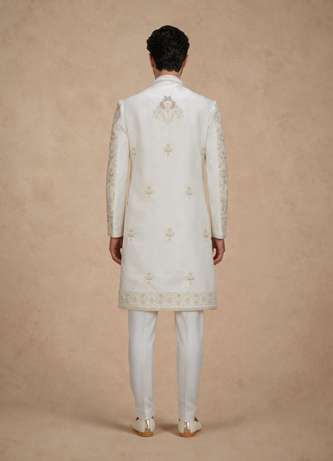 Manyavar Men White Satin Sherwani with Embroidery