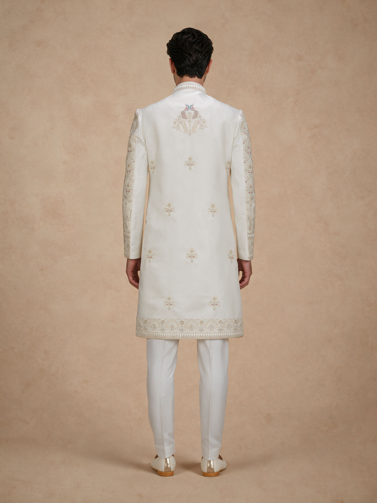 Manyavar Men White Satin Sherwani with Embroidery