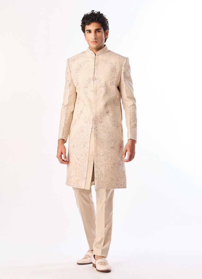 Manyavar Men Beige Art Silk Sherwani with Embroidery