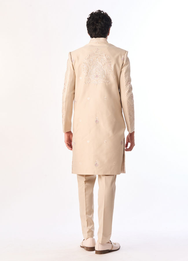 Manyavar Men Beige Art Silk Sherwani with Embroidery