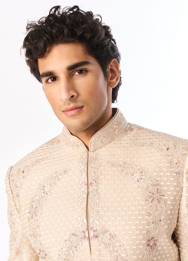 Manyavar Men Beige Art Silk Sherwani with Embroidery
