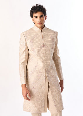 Manyavar Men Beige Art Silk Sherwani with Embroidery