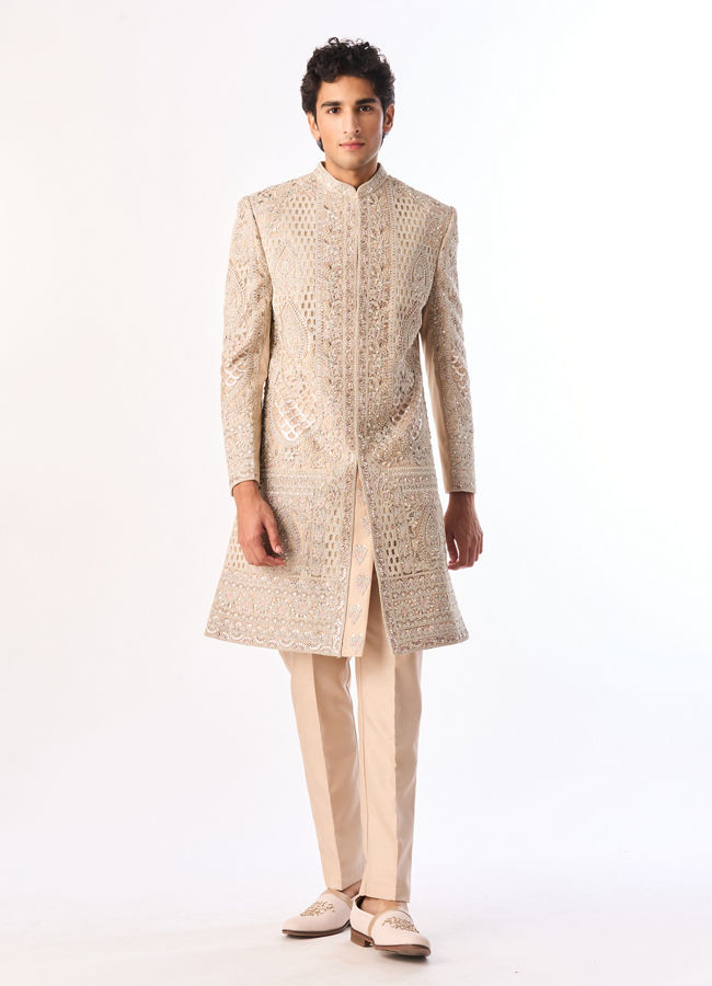 Manyavar Men Beige Net Sherwani with Embroidery