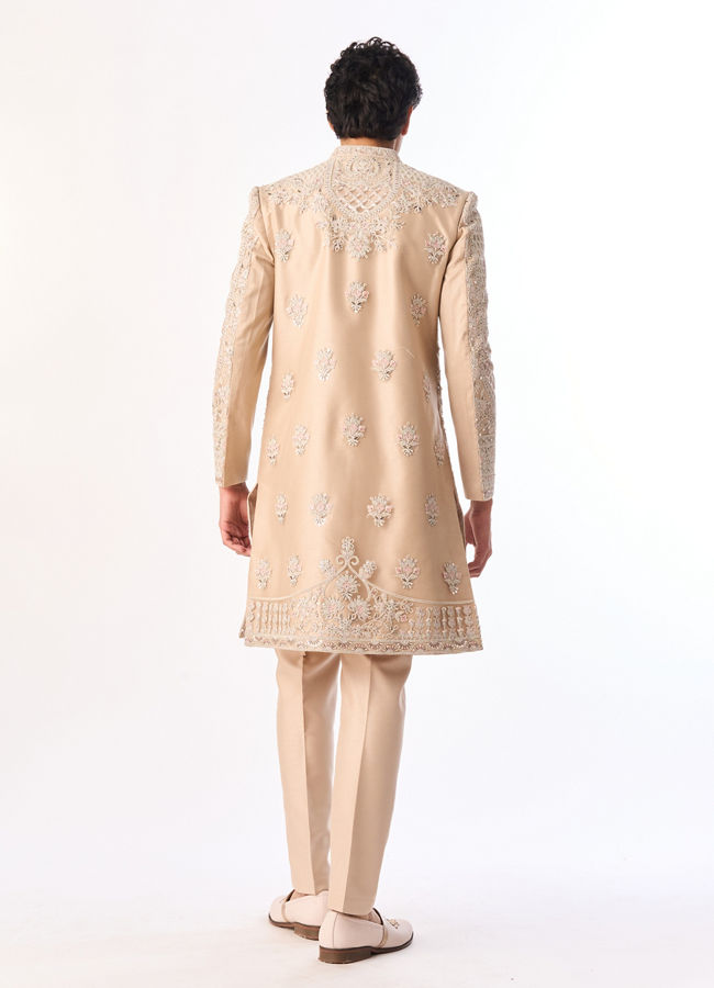 Manyavar Men Beige Net Sherwani with Embroidery
