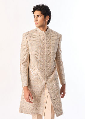 Manyavar Men Beige Net Sherwani with Embroidery