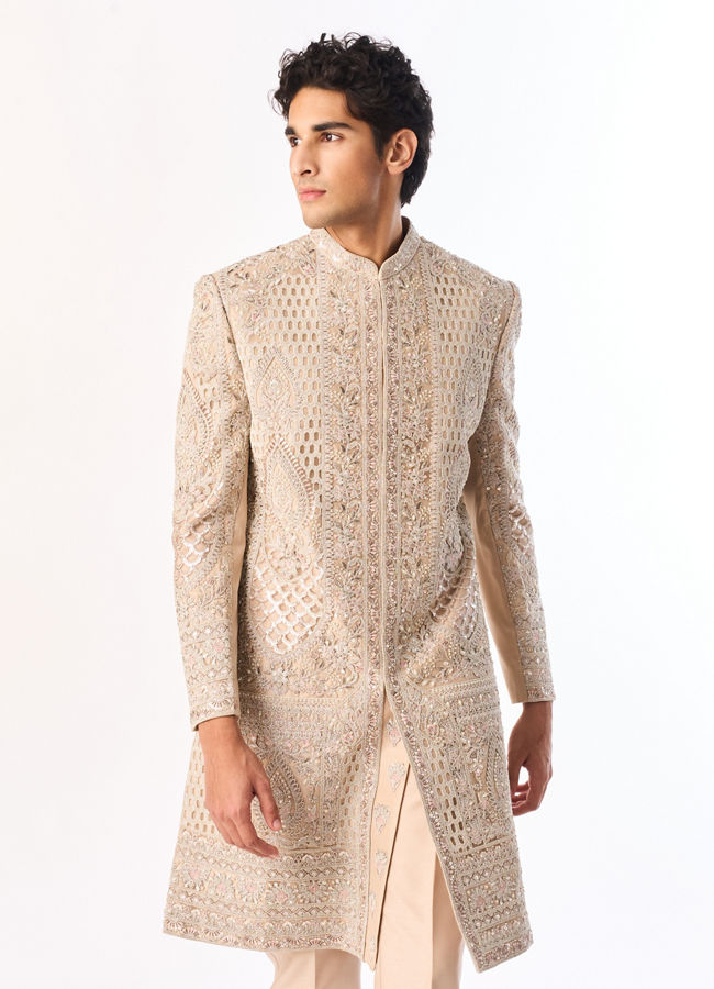 Manyavar Men Beige Net Sherwani with Embroidery