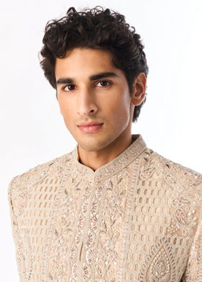 Manyavar Men Beige Net Sherwani with Embroidery