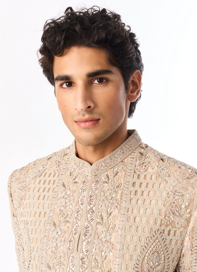 Manyavar Men Beige Net Sherwani with Embroidery