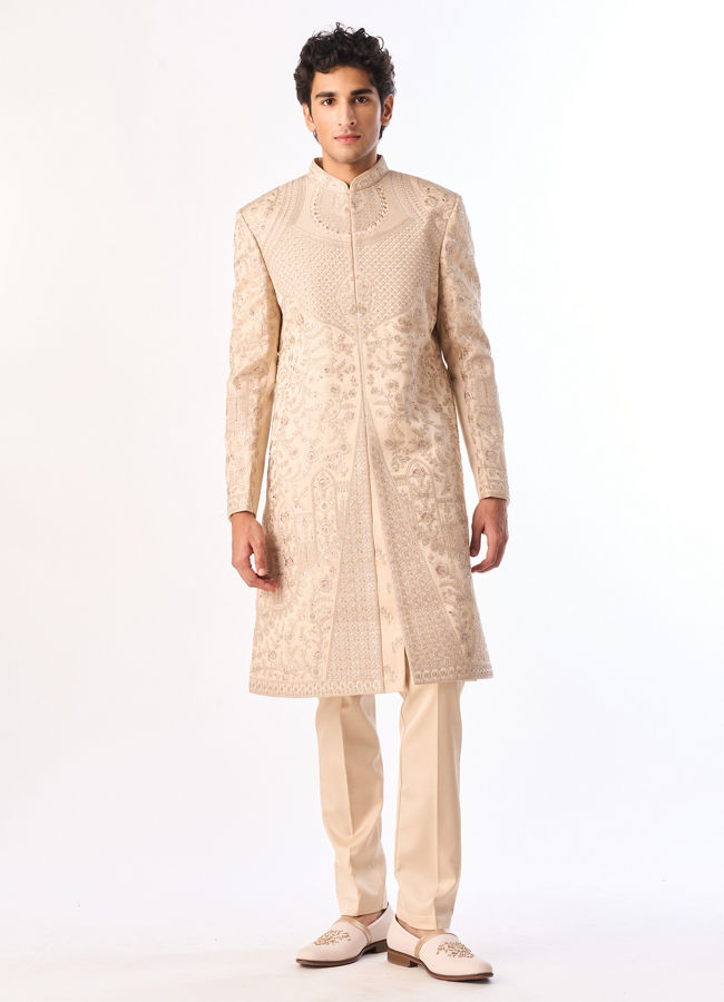 Manyavar Men Beige Art Silk Sherwani with Embroidery