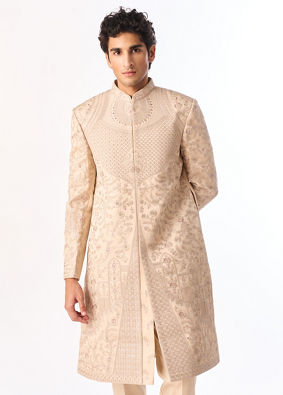 Manyavar Men Beige Art Silk Sherwani with Embroidery