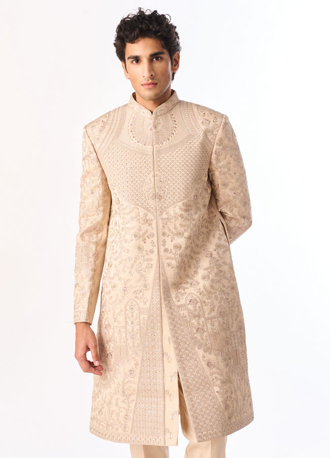 Manyavar Men Beige Art Silk Sherwani with Embroidery