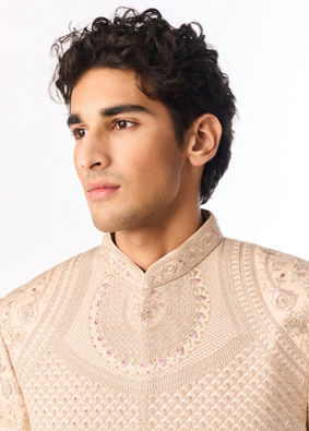 Manyavar Men Beige Art Silk Sherwani with Embroidery